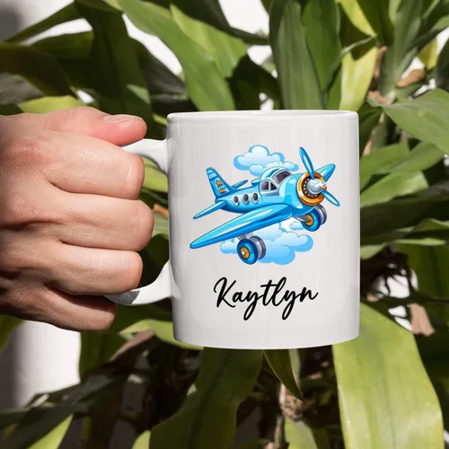 Vista 5 de Taza de café de avión personalizada con nombre de los niños, taza de café de avión personalizada de 11 onzas y 15 onzas, taza de cerámica blanca