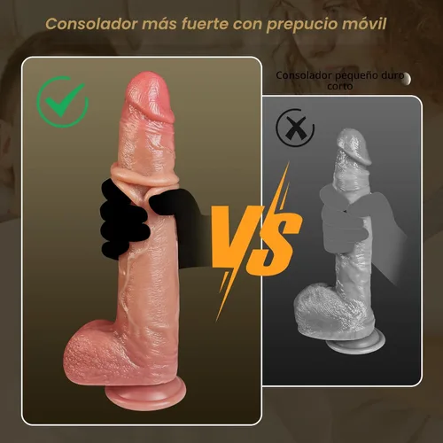 Vista 6 de Juguetes sexuales de 9.8 pulgadas con prepucio móvil para adultos, consolador de silicona de color carne para estimulación clitorial vaginal/anal