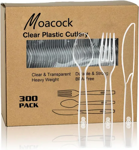 Vista 9 de MOACOCK 150 cubiertos de plástico transparente, tenedores de plástico pesado, cucharas, cuchillos, utensilios desechables para suministros de fiesta