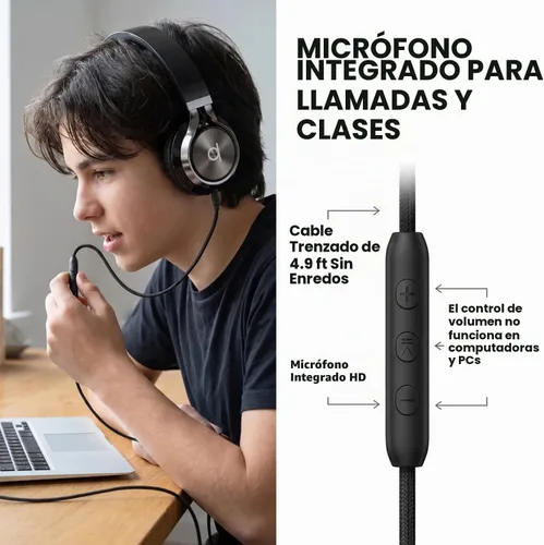 Vista 5 de Artix CL750 audífonos plegables con aislamiento de sonido, supraaurales, con cable, con micrófono y control de volumen, audífonos estéreo