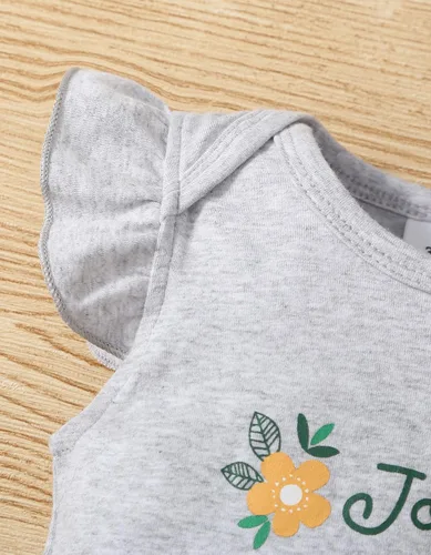 Vista 4 de Fullfamous Conjunto de mameluco y pantalón de manga larga con volantes para niña de 3 piezas