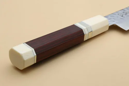 Vista 8 de Yoshihiro VG10 46 Capas Damasco Martillado Sujihiki Cuchillo Rebanador Japonés (9.5" (240mm) Mango de Palisandro) Mango de palisandro con cojín