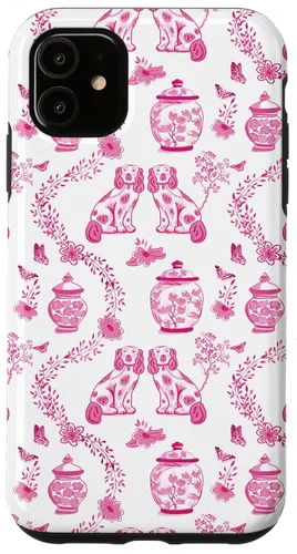 Vista 8 de Preppy - Carcasa para iPhone 16, diseño de perros y tarros de jengibre, color rosa y blanco