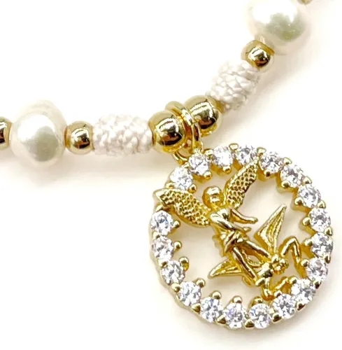 Vista 6 de Medalla colgante de arcángel de San Miguel en cordón ajustable de marfil y perlas de agua dulce pulsera ajustable