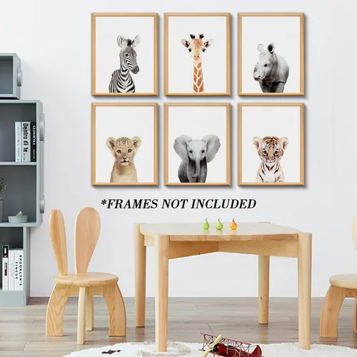 Vista 4 de calmart Arte de la pared: 6 Decoración para colgar en la pared de animales de la selva sin marco para la habitación de los niños, guardería, fiesta