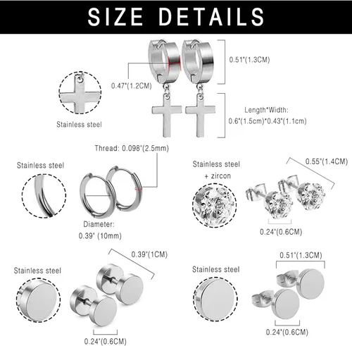 Vista 2 de 341518 pares de aretes para hombre, kit de aretes de acero inoxidable para hombres y mujeres, joyería de moda, aretes de aro colgantes de cruz
