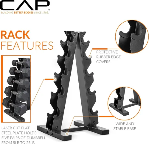 Vista 4 de CAP Barbell Juego de Mancuernas Hexagonales Recubiertas de 150 libras con Mango de Cobre y Soporte Vertical