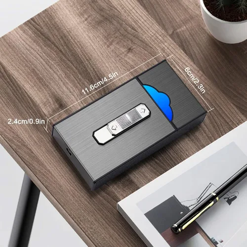 Vista 7 de Caja de cigarrillos de aluminio con encendedor eléctrico, encendedor USB recargable, regalo para mujeres, hombres, padre, madre (negro)