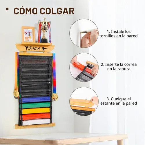 Vista 5 de Tilhumt 10/12 Belts Karate Belt Display Rack with Photo Shelf, Felt Taekwondo Belt Display Rack Martial Arts Belt Display for Adults TKD, BJJ