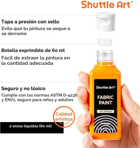 Vista 2 de Shuttle Art Pintura para tela, 18 colores de pintura para tela suave permanente en botellas (60ml/2oz) con pinceles, paleta, plantillas, pintura