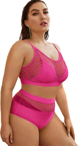 Vista 4 de Floerns - Conjunto de bikini de cintura alta y parte superior de red talla extragrande para mujer