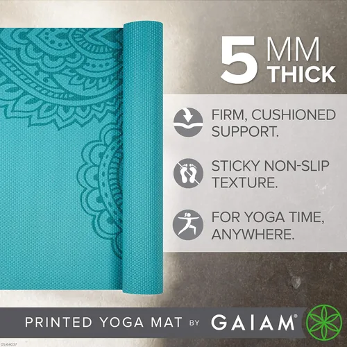 Vista 2 de Gaiam - Esterilla de yoga premium de 5mm con estampado, gruesa y antideslizante para todo tipo de yoga, pilates y entrenamientos en el suelo