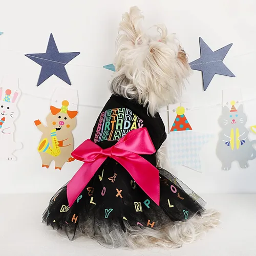 Vista 3 de Traje de cumpleaños para perro: vestidos coloridos de malla del alfabeto, tutú de verano, ropa para cachorros, XS, negro Cumpleaños negro
