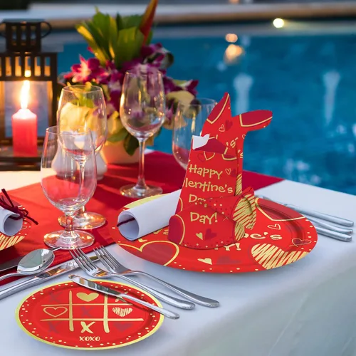 Vista 5 de Suministros para fiesta del día de San Valentín, platos de papel desechables con corazón rojo, servilletas para el día de San Valentín, compromisos