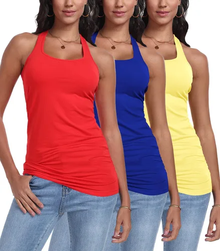 Vista 22 de Paquete de 3 camisetas sin mangas con espalda cruzada para mujer Negro+blanco+rosa