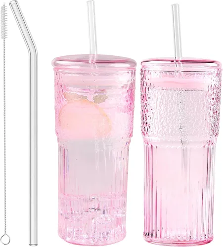 Vista 10 de JunVpic Tazas de vidrio con tapas y popotes, ámbar 20 OZ. Vasos para agua helada, zumo, té, leche, batido y bebidas frías o calientes, juego de 2