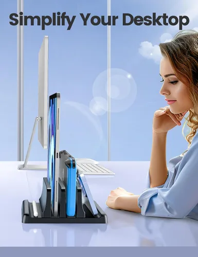 Vista 7 de Vaydeer Soporte vertical para computadora de escritorio, soporte de plástico de doble ranura para laptop con diseño 4 en 1 que ahorra espacio Negro