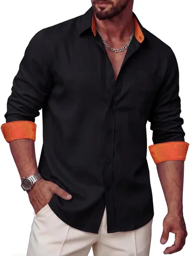 Vista 11 de Camisas de lino para hombre, casual, de manga larga, con botones, ajuste regular, cuello en contraste, con bolsillo