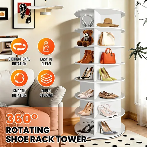 Vista 4 de RUNSUNSPRI Zapatero giratorio de 7 niveles, organizador de esquina giratorio de 360°, estante giratorio para zapatos, torre para dormitorio