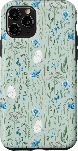 Vista 11 de Funda para iPhone 12 mini Azul y Verde Wildflower Butterfly Meadow Botanical (Sage)