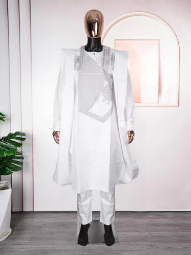 Vista 5 de HD African Bazin Pareja Ropa Tradicional Bordado Agbada Boubou Caftan Set para Hombre Blanco-9939