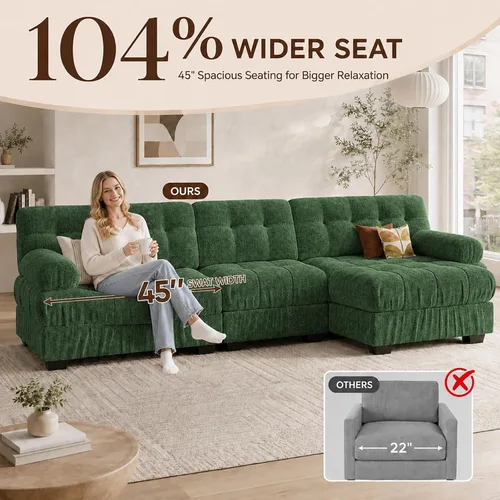 Vista 5 de Sofá modular de gran tamaño de 90 pulgadas con otomana móvil, asiento profundo en forma de L, cómodo sofá de nube de felpilla de 3 asientos modernos