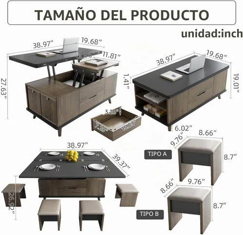 Vista 2 de Mesa de centro elevable con 4 taburetes de poliuretano, mesa de centro clásica de color negro con contraste marrón que se convierte en mesa