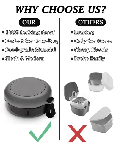 Vista 5 de Estuche de dentadura postiza, definitivamente sin fugas, caja de baño para dentadura para viajar perfectamente, taza de dentadura con colador y Negro