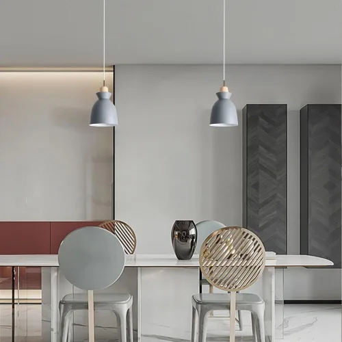 Vista 4 de Modern Minimalist Bell Metal Pendant Light Fixture Wood Accent, Small Hanging Lamp for Dining Room Kitchen Island Bedroom Bedside Cafe, Adjustable