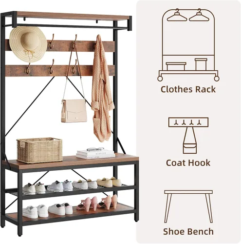 Vista 3 de Amyove Perchero grande para zapatos, banco de zapatos, zapatero de árbol para entrada, estante de almacenamiento de 3 niveles y ganchos extraíbles