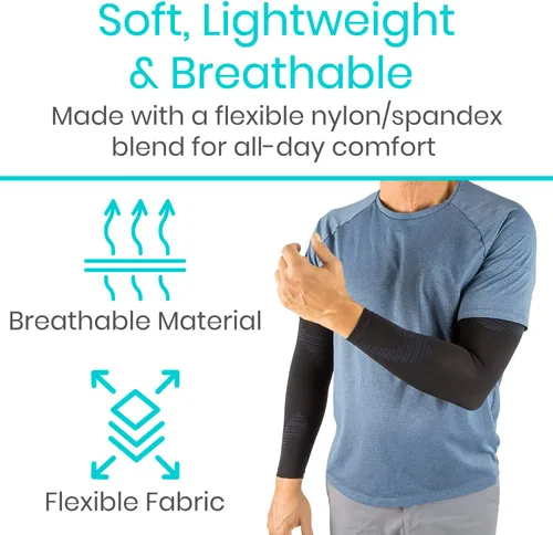 Vista 3 de Vive Manga de compresión para el brazo, soporte de codo con protección UV, envoltura refrescante para el dolor, deportes negros aptos para pesca