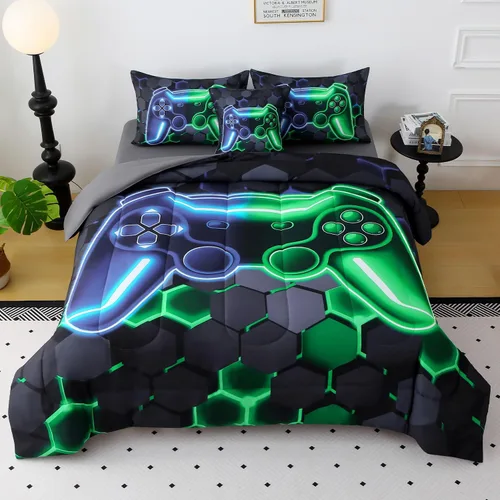 Vista 9 de JQinHome - Juego de edredón Gamer individual para niños y niñas, juego de cama en una bolsa de 6 piezas con diseño de videojuego 3D - Juego de ropa