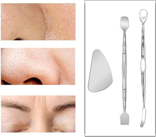 Vista 6 de Paquete de 3 herramientas de preparación de poros, herramientas para eliminar puntos negros, raspador facial de acero inoxidable, espátula