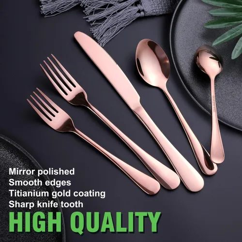 Vista 5 de OGORI - Juego de cubiertos de acero inoxidable de 40 piezas de cobre y oro rosa, juego de utensilios de cocina para 8, vajilla pulida con espejo