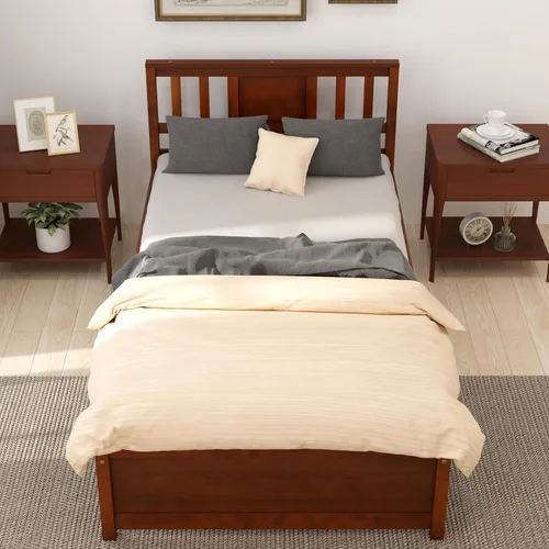 Vista 4 de KOMFOTT Base de cama de plataforma de madera individual con cabecero, plataforma de madera maciza con soporte de listones y almacenamiento debajo