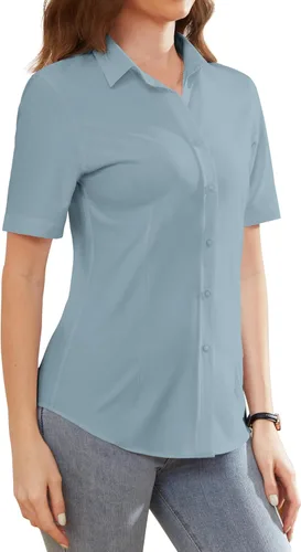 Vista 11 de Camisas de vestir para mujer, sin arrugas, con botones, de manga corta, camisas de trabajo con cuello