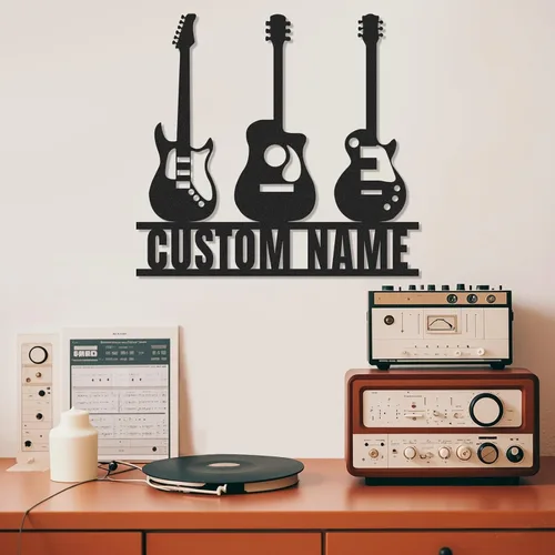 Vista 13 de Letrero de metal personalizado de guitarra, letreros de metal personalizados, decoración de pared de notas musicales, arte de pared divertido