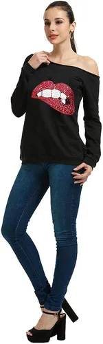 Vista 5 de MAGICMK - Sudaderas con hombro descubierto para mujer, manga larga, estampado de labios, casuales