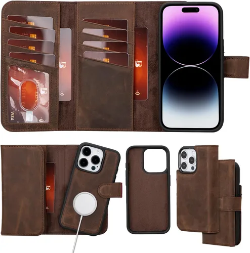 Vista 14 de Bayelon Estuche tipo billetera para iPhone 15 Pro, cartera de cuero desplegable de tres pliegues, cubierta tipo folio magnética desmontable, soporte