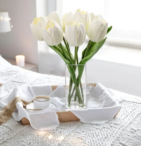 Vista 7 de Briful Flores Artificiales Flor de Tulipán Artificial Blanca en Jarrón Transparente, Arreglo de Tulipanes de Espuma de Tacto Real Adecuado