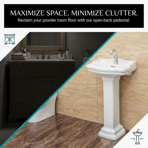 Vista 5 de Fine Fixtures Roosevelt Lavabo de Pedestal para Baño – Lavabo de Pedestal Pequeño de 18 Pulgadas, Cerámica Vítrea China Duradera con Orificio Único