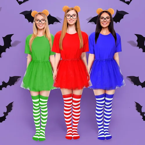 Vista 4 de Bonuci Juego de 6 piezas de disfraz de animal de Halloween, camiseta azul para adultos, calcetines, anteojos, orejas, diadema, cola y tutú