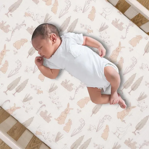 Vista 2 de Lambs & Ivy Signature Bunny Hop - Sábana bajera ajustable para cuna de algodón orgánico