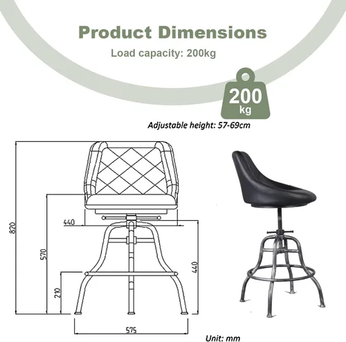 Vista 2 de Diseño industrial Metal Altura ajustable PU Respaldo Silla Vintage Bar Taburete Negro Asiento de cuero