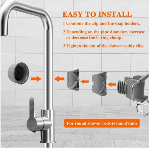 Vista 4 de 2 Piezas Estante De Ducha Inoxidable Para Barra De Ducha Estante Ducha Sin Tornillos Ajustable Para Baño/Cocina