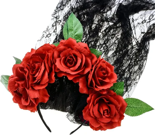 Vista 2 de June Bloomy Diadema mexicana para el Día de los Muertos, con velo floral de rosa, disfraz de Halloween (rojo)