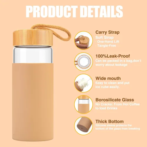 Vista 4 de Tronco Botellas de agua de vidrio de 20 onzas con tapas, botellas de vidrio de borosilicato reutilizables con tapa de bambú y funda de silicona