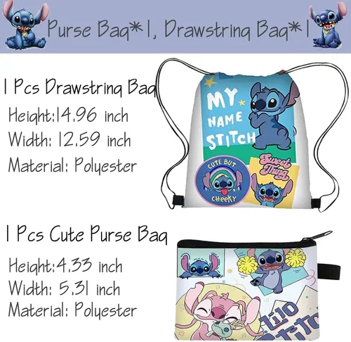 Vista 2 de EMISOO Stitch Merchandise Stuff Set de regalo para niñas, bolsa con cordón de dibujos animados de Stitch Anime, cordón para llavero, pulseras