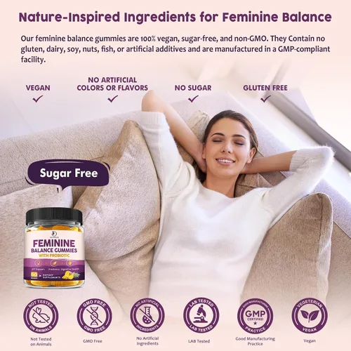 Vista 6 de Feminine Balance - Gomitas probióticas para mujeres, apoyan la salud vaginal, el equilibrio del pH, la frescura y la salud digestiva, con piña, olmo