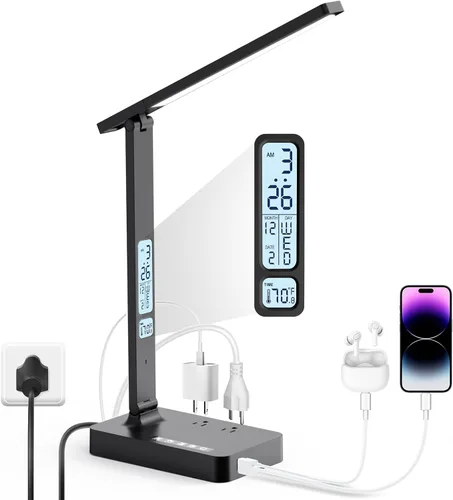 Vista 9 de Infiway Lámparas LED de escritorio para oficina en casa: lámpara de escritorio con puerto de carga USB - 1 USB-A, 1 puerto tipo C, 2 tomas de Blanco